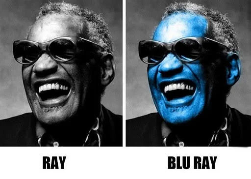 Name Puns — Two-panel meme of Ray Charles portrait in black-white labeled Ray and tinted blue labeled Blu Ray.