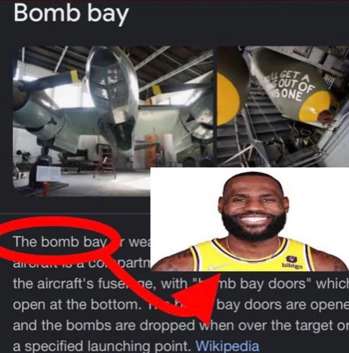 Name Soundalikes — Google 'Bomb bay' result overlaid with a circled LeBron James photo