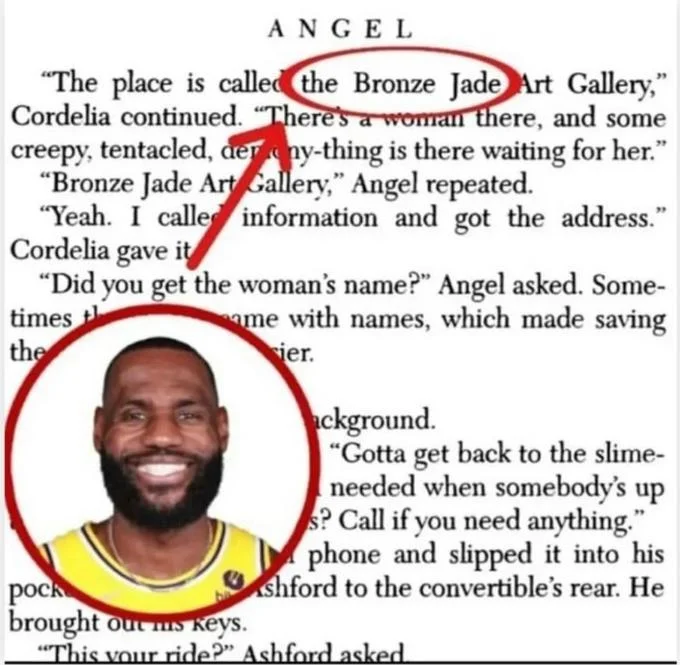 Name Soundalikes — Cropped book excerpt with 'Bronze Jade' circled and LeBron James's photo highlighted