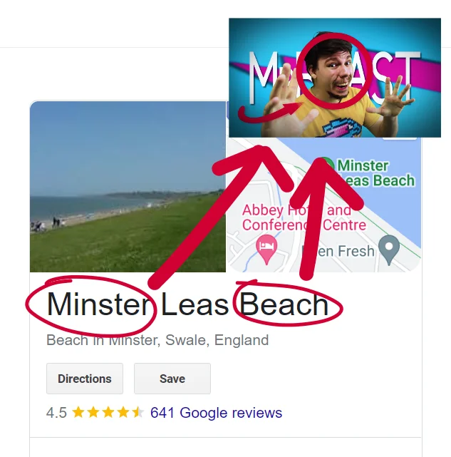 Name Soundalikes — Google result for 'Minster Leas Beach' with arrows pointing to a photo of MrBeast