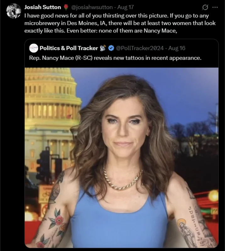 Nancy Mace Tattoos Reveal — Josiah Sutton tweet comparing Nancy Mace to Des Moines microbrewery patrons