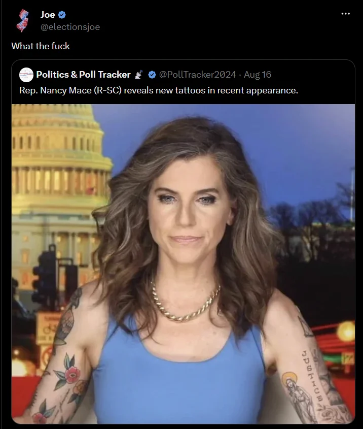 Nancy Mace Tattoos Reveal — Joe electionsjoe quote-tweet reacting 'What the fuck' to Nancy Mace tattoos photo