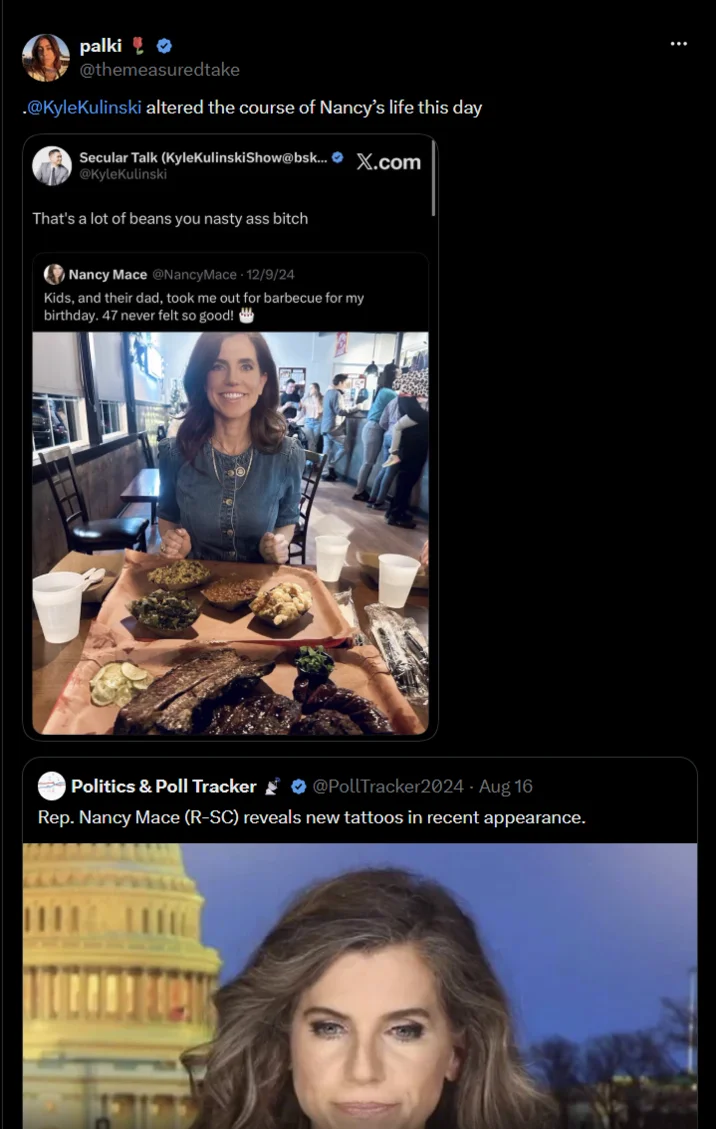 Nancy Mace Tattoos Reveal — Tweet crediting Kyle Kulinski's remark next to Nancy Mace tattoo image