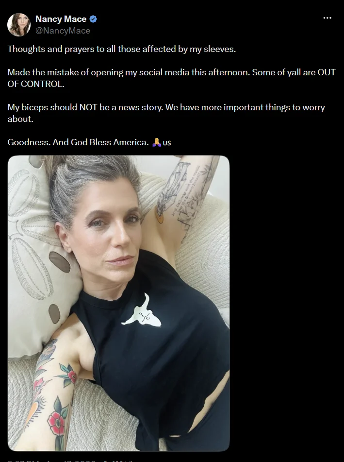 Nancy Mace Tattoos Reveal — Nancy Mace's tweet response with selfie showing her sleeve tattoos
