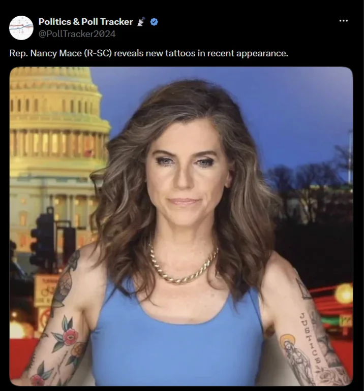 Nancy Mace Tattoos Reveal — Tweet from Politics and Poll Tracker showing Nancy Mace's tattoos with Capitol backdrop