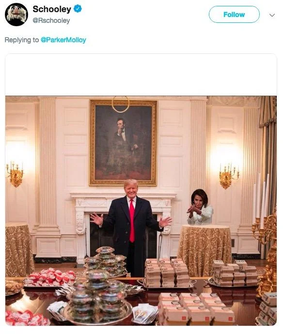 Photoshop of Nancy Pelosi clapping behind Trump at the White House fast-food buffet event.