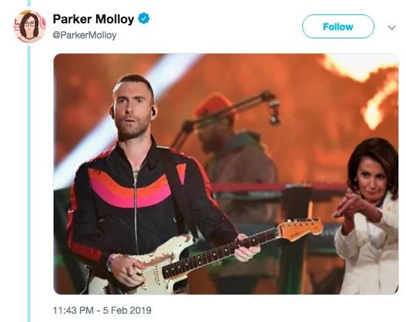 Photoshopped image of Nancy Pelosi clapping behind Adam Levine at the Super Bowl halftime show, shared by Parker Molloy.