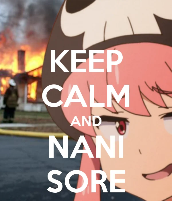 Keep Calm parody with 'KEEP CALM AND NANI SORE' featuring Nonon with destruction background.