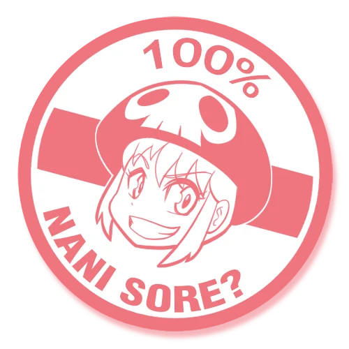 Circular badge design with '100%' and 'NANI SORE?' on pink background.