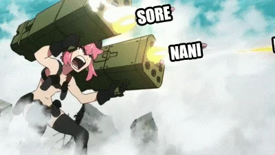 Nonon wielding large cannon in Kill la Kill with text labels 'SORE' and 'NANI!'