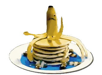 Nannerpuss mascot illustrated as a yellow banana with black eyes and mustache sitting atop a stack of golden pancakes.
