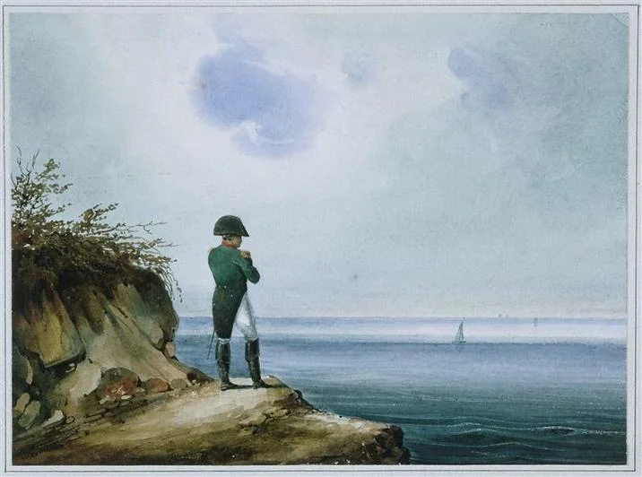 Napoleon There Is Nothing We Can Do — Watercolor painting of Napoleon standing on a cliff overlooking the sea
