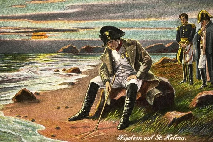 Napoleon There Is Nothing We Can Do — Vintage postcard illustration of Napoleon sitting on the shore of St. Helena at sunset