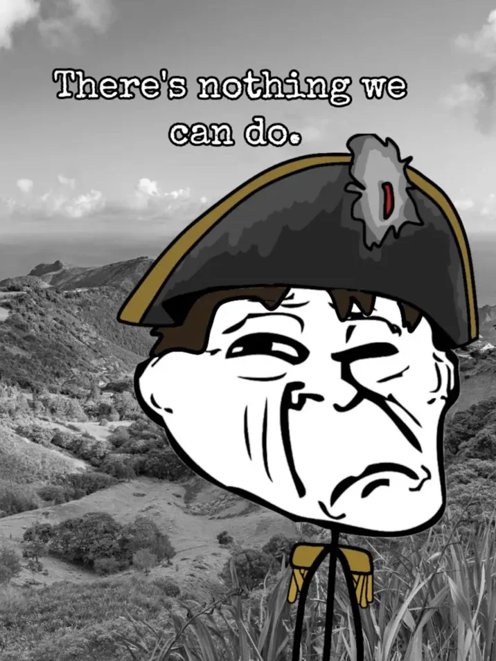 Napoleon There Is Nothing We Can Do — Troll-face Napoleon cartoon over grayscale hills with caption 'There's nothing we can do.'