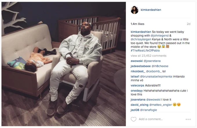 Napping Kanye — The iconic Instagram photograph showing Kanye West napping on a display couch while his daughter North West sleeps beside him.