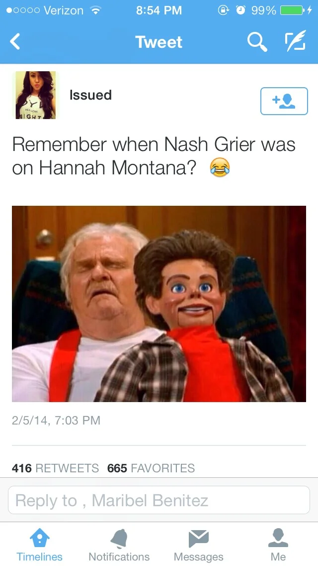 Tweet joke comparing Nash Grier to a Hannah Montana puppet