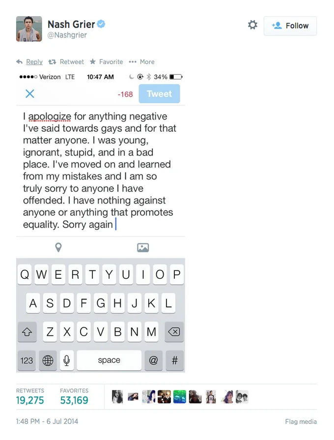 Screenshot of Nash Grier composing a public apology tweet on Twitter