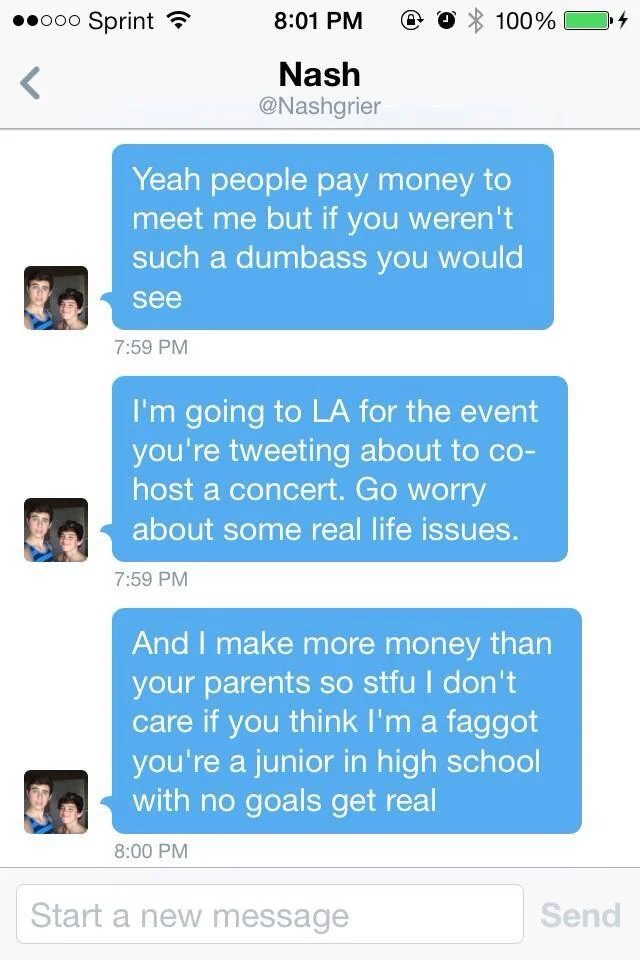 Screenshot of Nash Grier's leaked DM messages containing insulting language