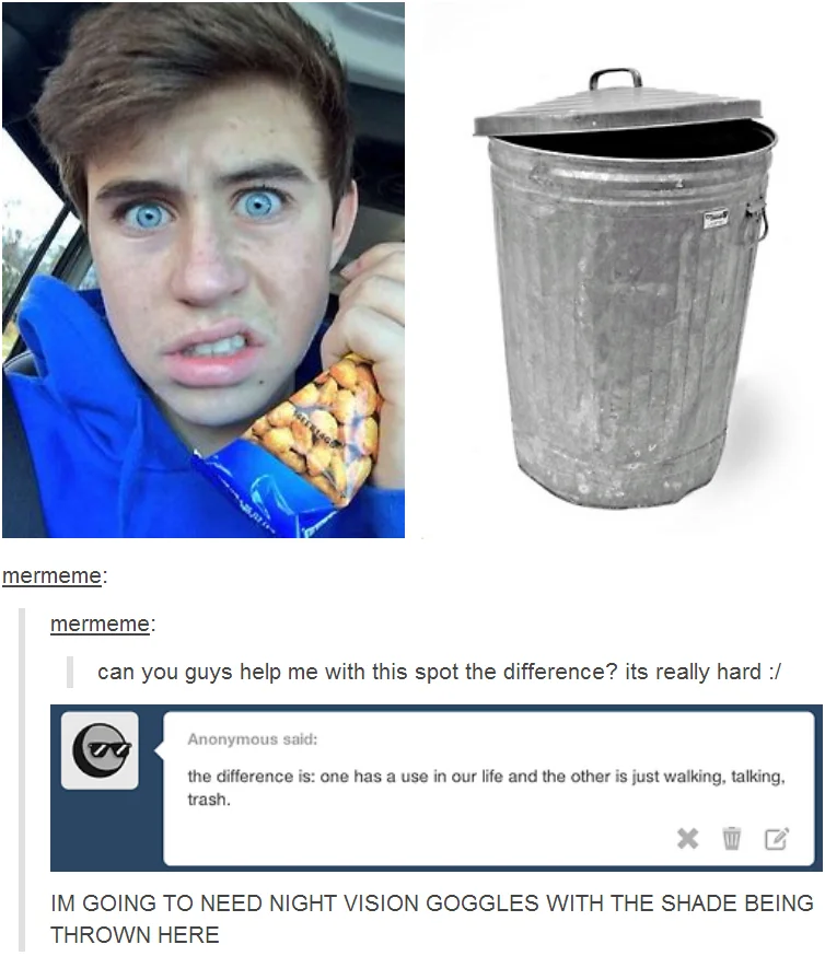 Tumblr post comparing Nash Grier to a trash can as a spot-the-difference joke
