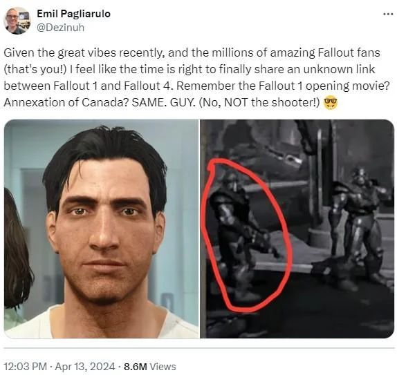 Nate The Rake — Emil Pagliarulo tweet comparing Fallout 4 Nate to Fallout 1 Canada annexation soldier