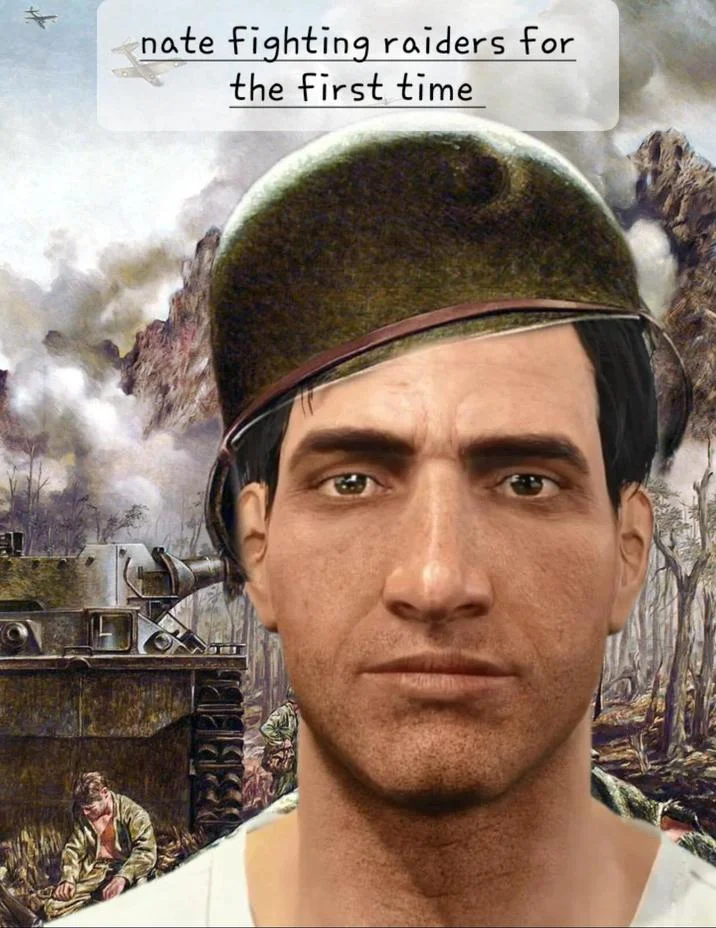Nate The Rake — Nate's face on WWII soldier with caption about fighting raiders