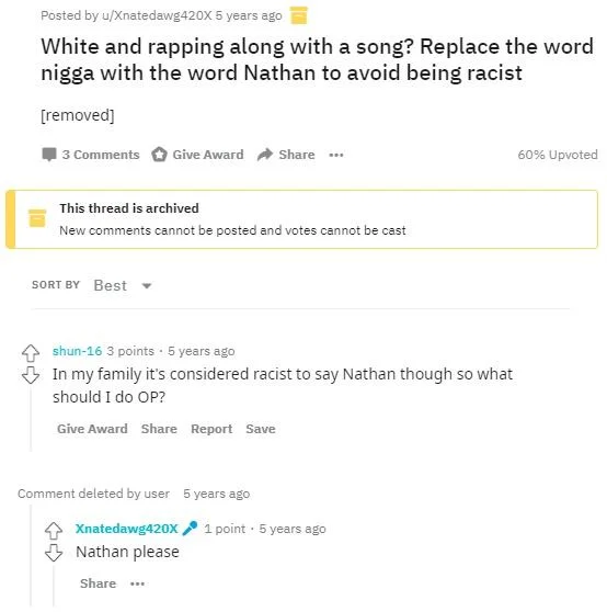 Reddit post explaining the origin of using 'Nathan' as a substitute word in rap lyrics