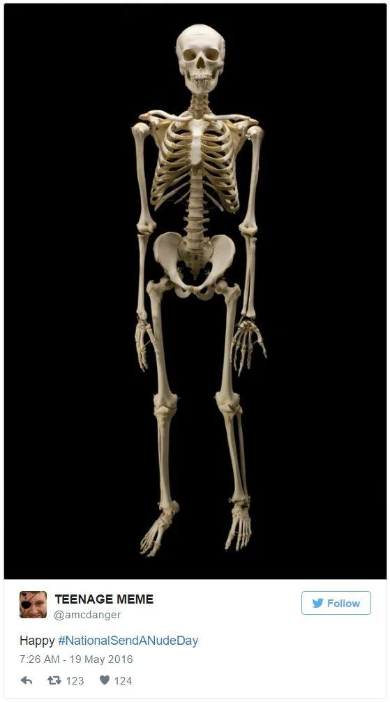 Tweet showing a human skeleton on black background with caption 'Happy #NationalSendANudeDay'