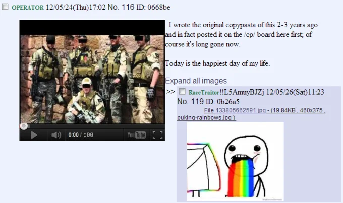 4chan thread screenshot where a user claims authorship of the Navy Seal copypasta