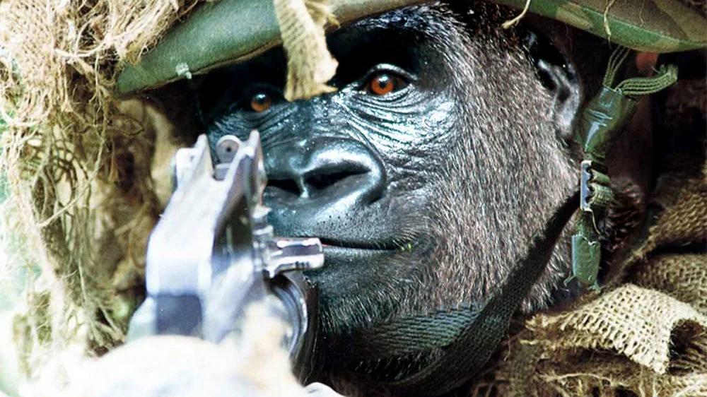Navy Seal Copypasta — Gorilla in military camouflage helmet aiming a sniper rifle