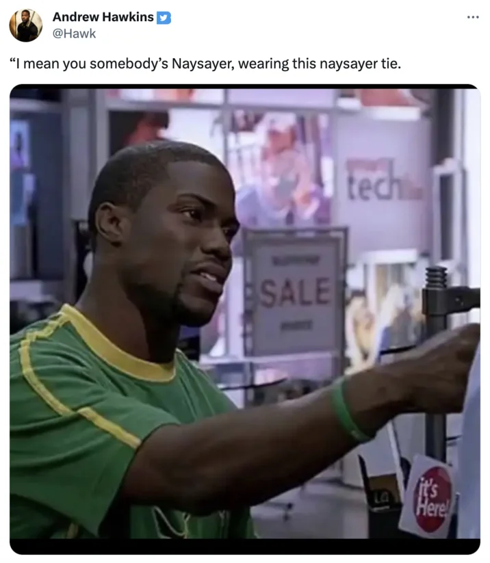Tweet of Kevin Hart meme captioned 'I mean you somebody's Naysayer, wearing this naysayer tie.'