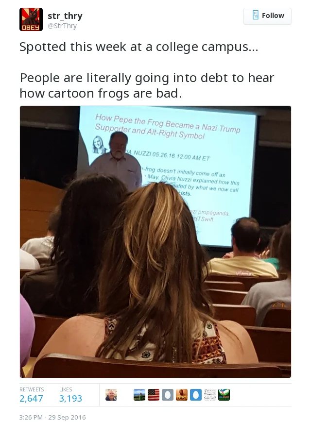 Nazi Pepe Controversy — Tweet screenshot showing high school classroom lesson about Pepe the Frog as racist demagoguery symbol.