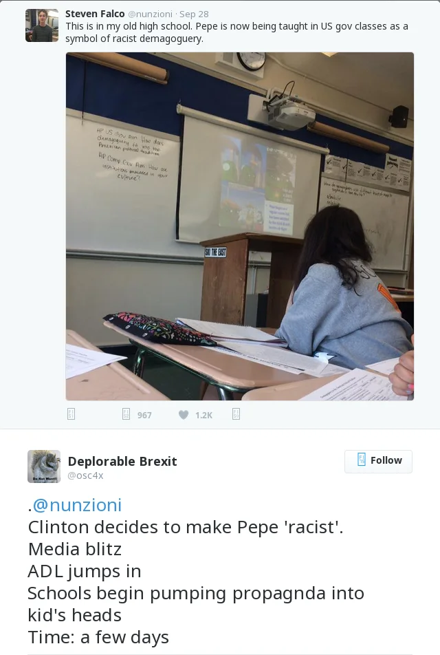 Nazi Pepe Controversy — Italian newspaper page about Trump and Pepe the Frog as a hate symbol, showing Nazi Pepe variants.