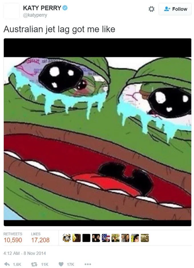 Nazi Pepe Controversy — Katy Perry tweet screenshot showing a crying distorted Pepe the Frog with jet lag caption.