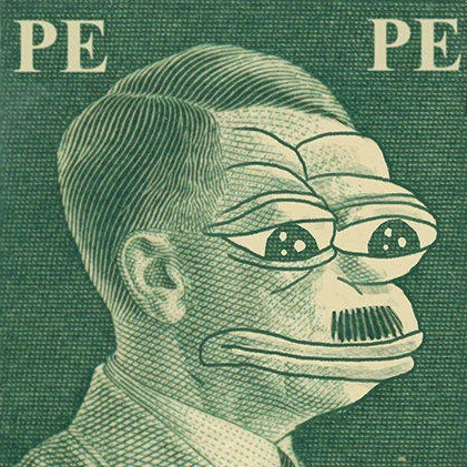 Nazi Pepe Controversy — Pepe the Frog face composited onto a Hitler-style engraved banknote portrait in green.
