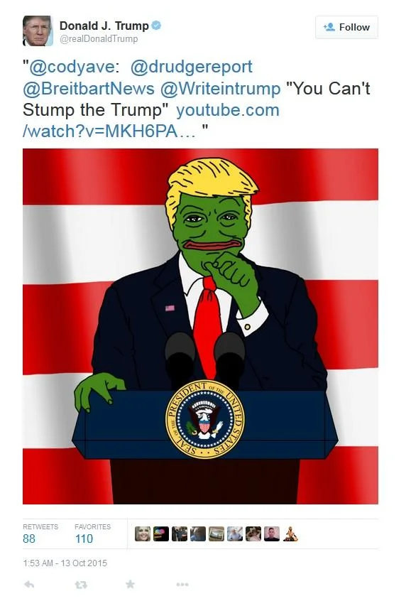 Nazi Pepe Controversy — Screenshot of Donald Trump tweet featuring Pepe the Frog dressed as Trump at a US presidential podium.