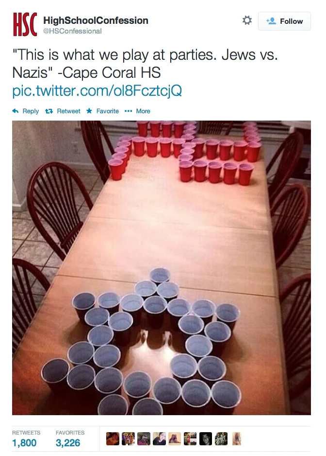 Nazism — Twitter screenshot of Jews vs Nazis beer pong game with cups in swastika and Star of David shapes