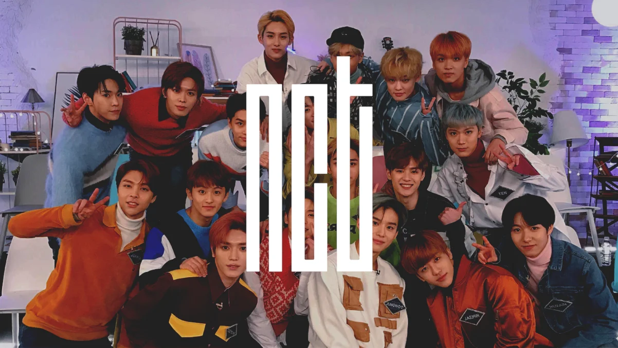 NCT group members posing together with the NCT logo overlaid on the photo