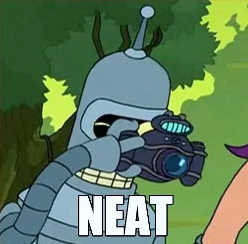 Bender from Futurama holding a camera with the caption NEAT below