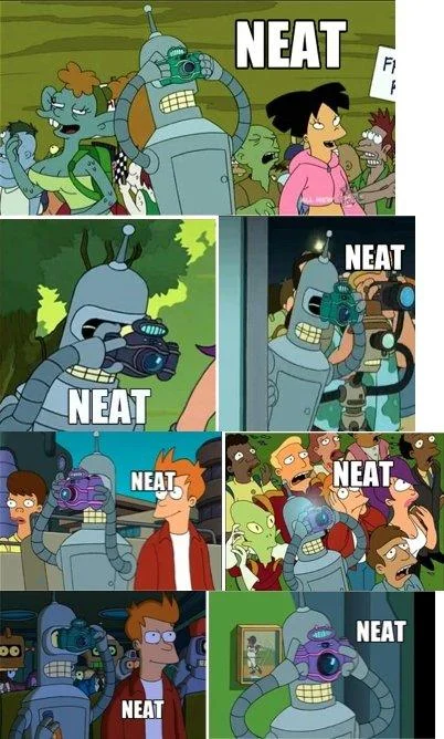 Collage of several Futurama Neat meme panels featuring Bender and Fry with cameras