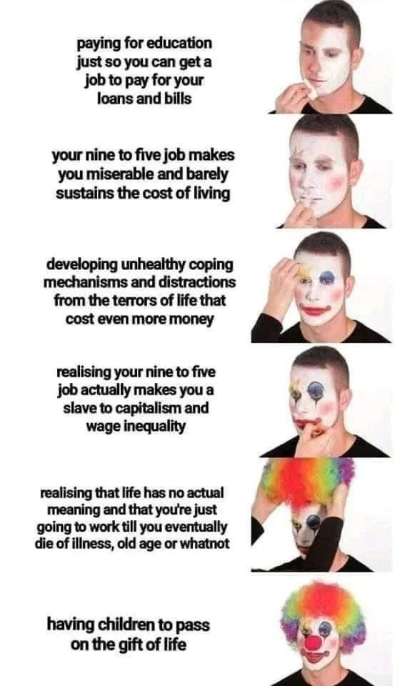 NEET — Clown Makeup meme depicting escalating disillusionment with education, work and life