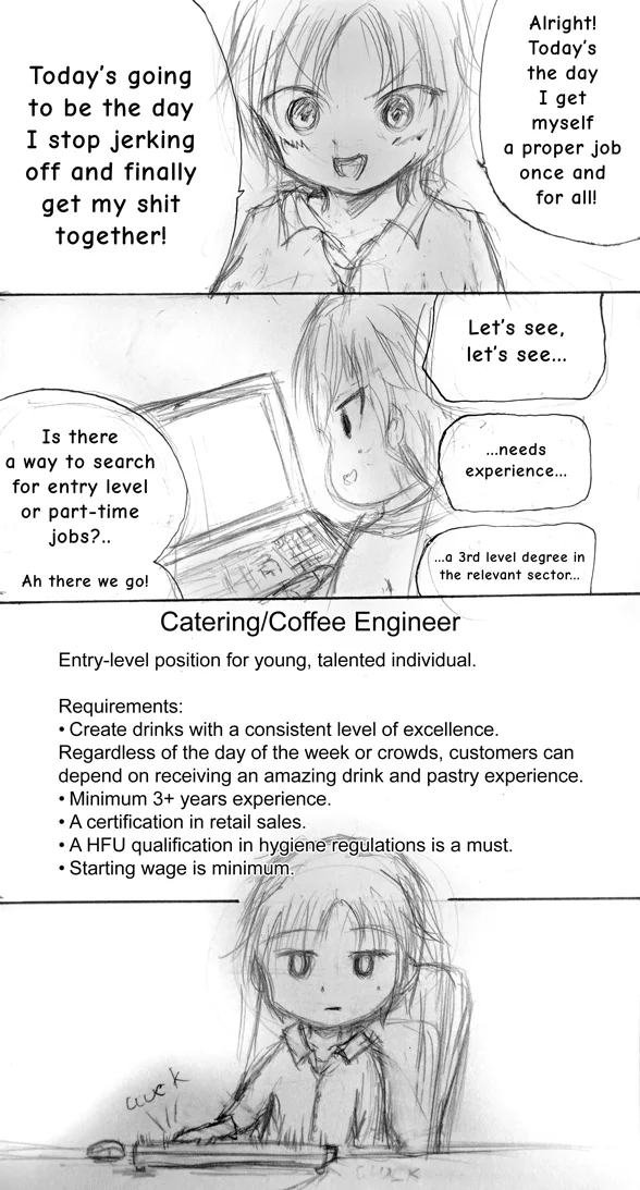 NEET — Sketch comic of anime girl defeated by impossible entry-level job requirements