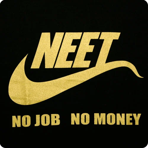 Gold-on-black Nike logo parody spelling NEET with the caption 'No Job No Money'