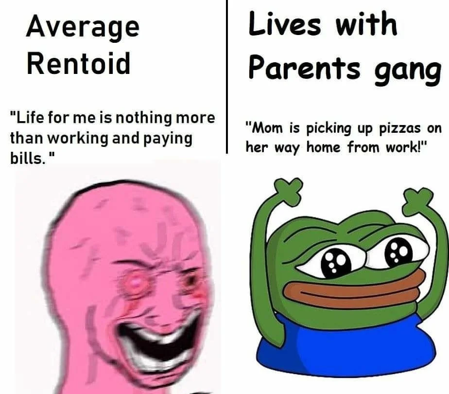 Wojak vs Pepe comparison meme contrasting a working renter with a NEET living at home