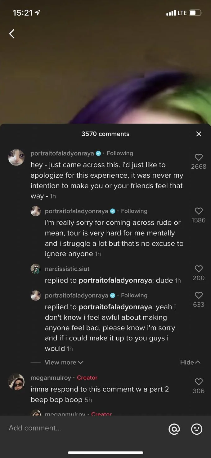 Negative Experiences With Clairo — TikTok comment section screenshot showing Clairo apologizing to a fan under creator Megan Mulroy's video.