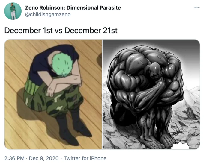 Negro Solstice — Side-by-side meme comparing a sad anime character to a hugely muscular manga character for December 1st vs December 21st.