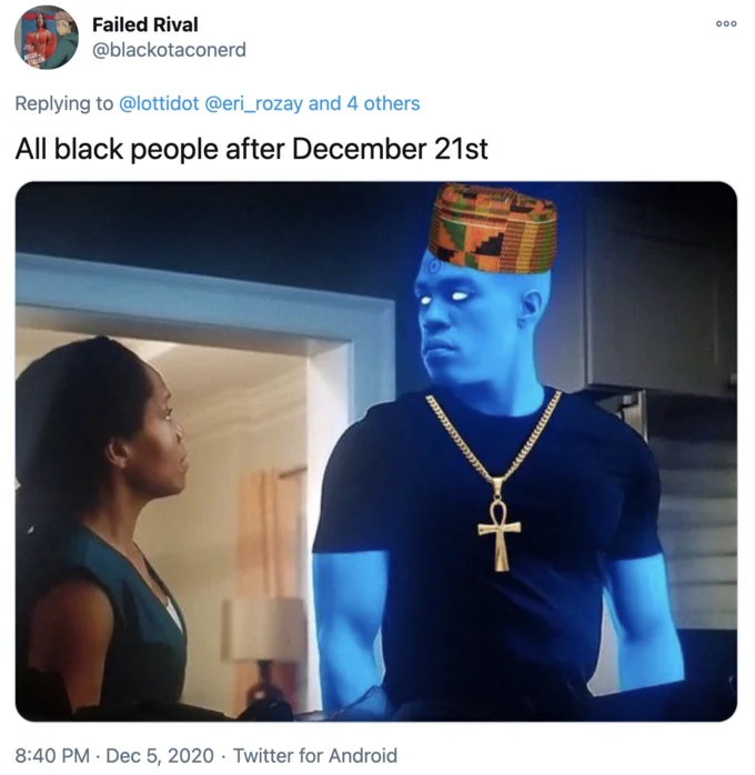 Negro Solstice — Tweet with image of a blue Dr. Manhattan-style Black figure wearing a kente hat and ankh necklace.