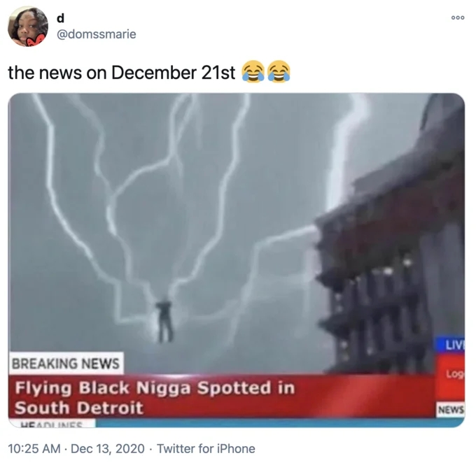 Negro Solstice — Tweet with mock breaking news graphic of a flying Black man spotted in South Detroit.