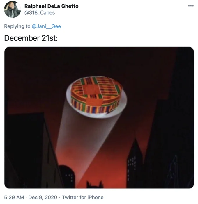Negro Solstice — Tweet with image of a kente kufi hat descending from the sky over a city skyline.