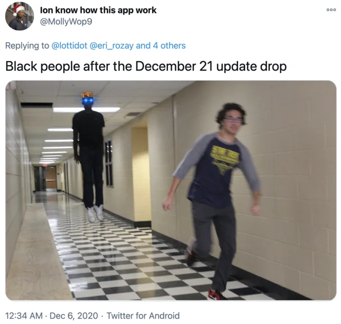 Negro Solstice — Tweet showing a levitating Black figure with glowing eyes chasing a running person down a hallway.