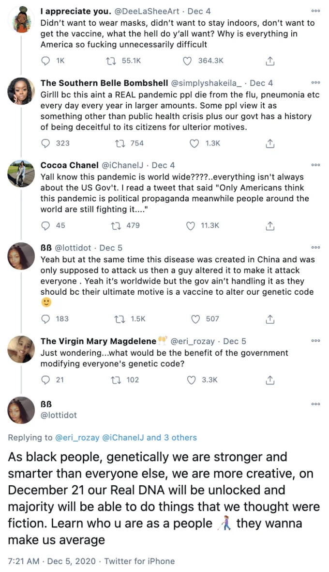 Negro Solstice — Twitter thread screenshot with the original @lottidot tweet about Black people's real DNA being unlocked on December 21st.